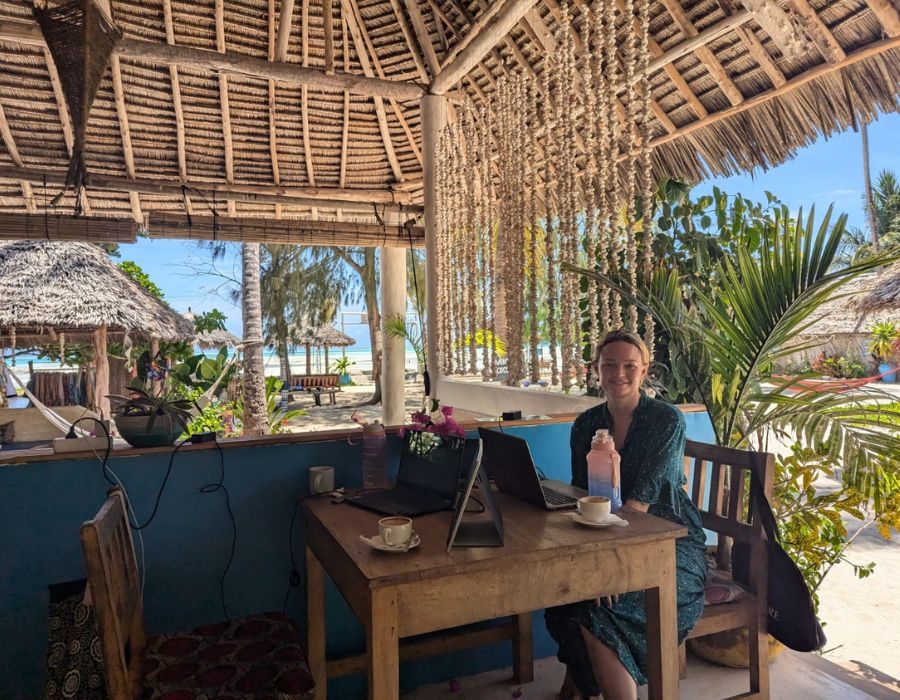 remote working in Zanzibar on the beach