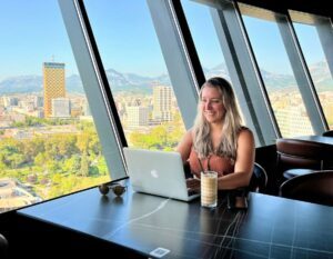 Working on the laptop in Sky Tower Tirana