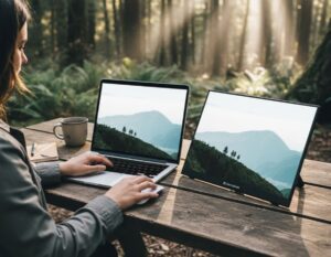 mobiele werkplek van een digital nomad in het bos