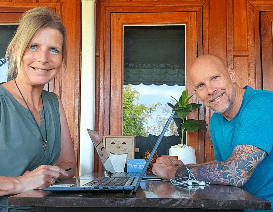 rhodee and husband at work