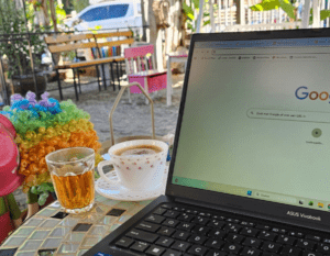 laptop in beautiful location on a square