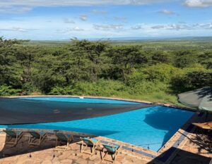 View of the pool and Masai Mara Park in Kenya