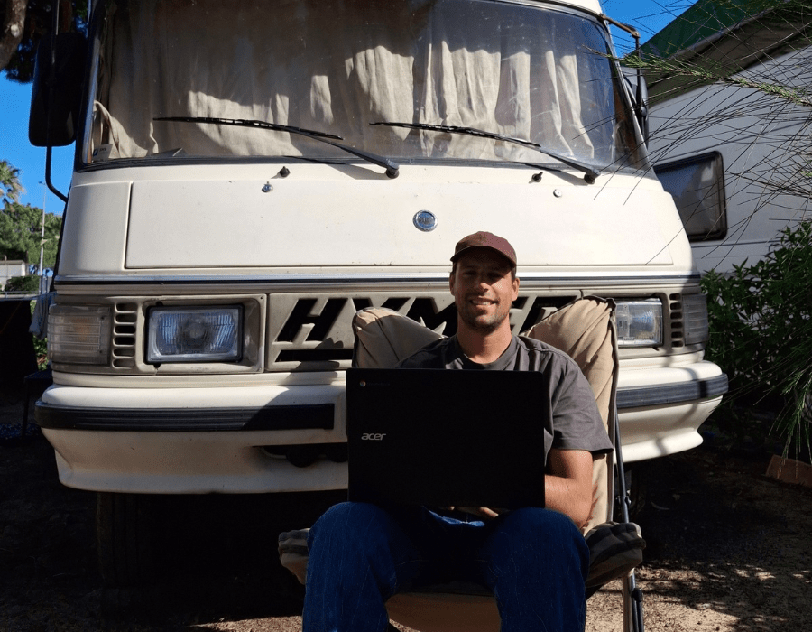 pim in front of the camper